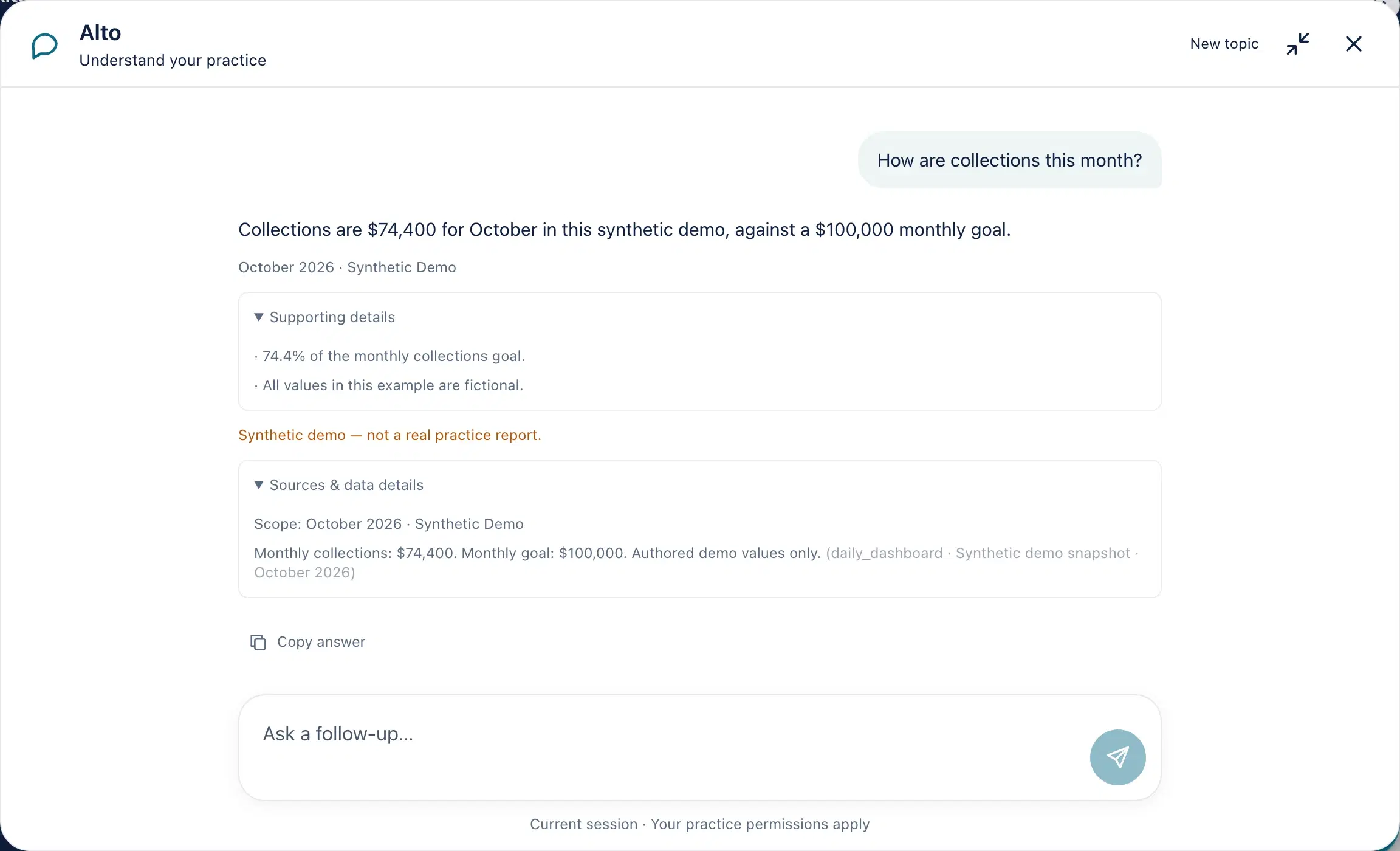 Ask Alto conversation with synthetic demo questions and sources.